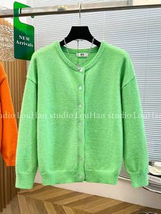 特大码300斤秋冬荧光绿圆领软糯毛衣外套女胖mm洋气减龄针织开衫