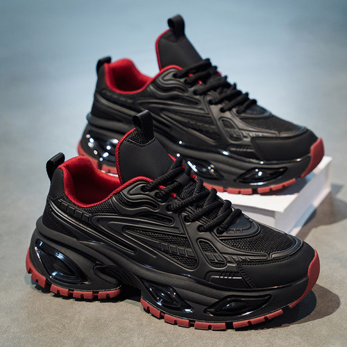 男鞋冬季气垫减震跑步运动鞋加绒棉鞋厚底增高纯黑色休闲老爹潮鞋