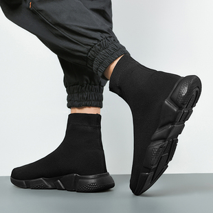 全黑高帮布鞋加绒男鞋针织布板鞋无鞋带帆布鞋高腰鞋没鞋带袜套鞋