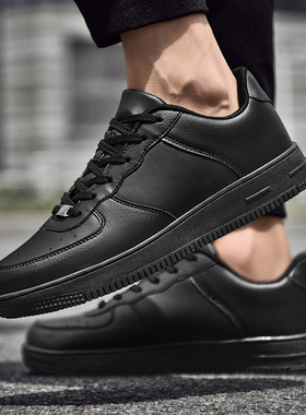 夏季工作鞋皮面防水防滑男鞋厨师47纯黑色板鞋46特大码48厨房上班