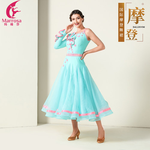 Marrosa玛络莎国标摩登舞蹈服装大摆珍珠丝连衣裙练习裙华尔兹女