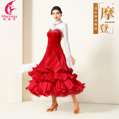 Marrosa新款摩登舞表演服华丽丝绒交谊舞大摆连衣裙国标比赛演出