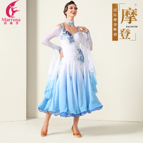 新款国标摩登交谊舞蹈表演演出比赛服装渐变大裙摆贴花连衣裙定做
