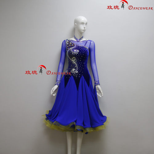 玫瑰舞99女式成人新款摩登舞裙摆裙练习舞修身蓝色舞蹈服支持定制