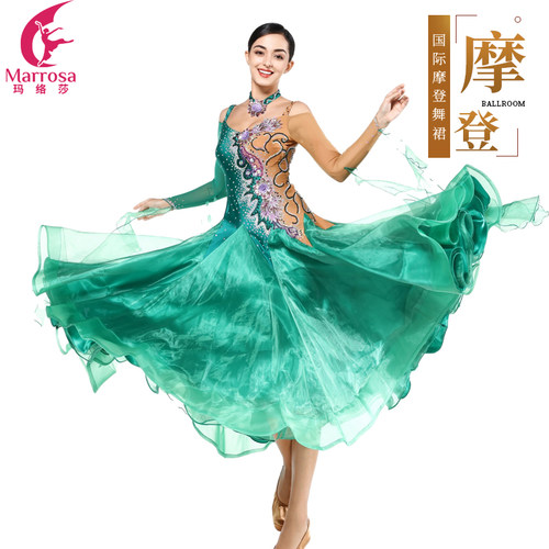 Marrosa摩登舞演出服新款特色拼接烫钻大摆连衣裙交谊舞国标舞服