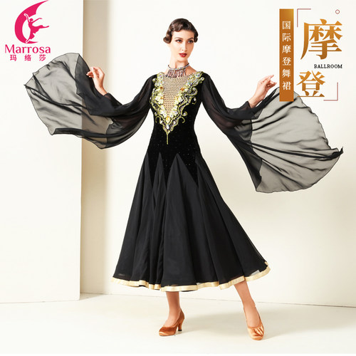 新款摩登舞连衣裙性感透视长袖舞蹈演出比赛舞服丝绒舞台演出服