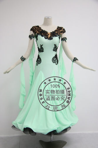 玫瑰舞清新浅绿摩登华尔兹交谊舞服蝴蝶飘雪纺多层大摆连衣裙舞服