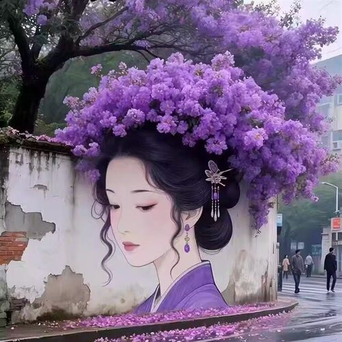 彩绘女孩仿真花艺瀑布墙玫瑰花墙文旅民宿公园景区打卡背景墙花墙