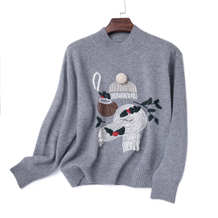 LEMAER乐玛尔 法单100CASHMERE重工手工刺绣中圆领保暖加厚羊绒衫