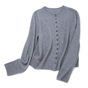 排扣针织 女长袖 LEMAER乐玛尔 100%CASHMERE老钱风卷边领羊绒开衫