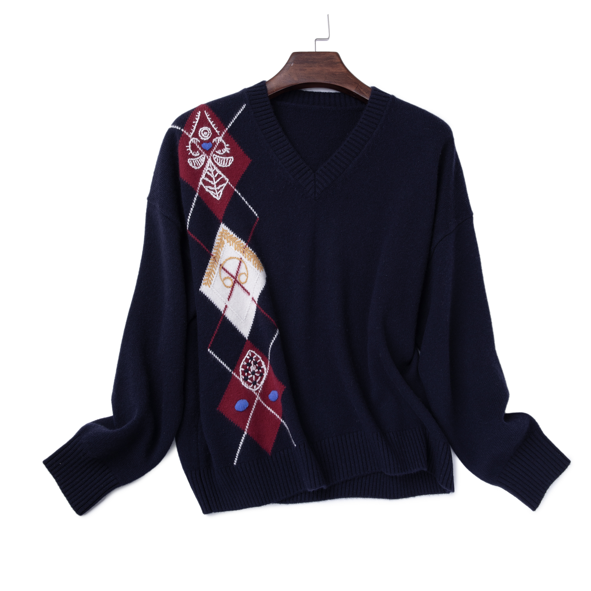 LEMAER乐玛尔 法单100%CASHMERE「触」重工手工刺绣保暖V领羊绒衫