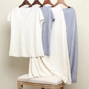 半裙套装 LEMAER乐玛尔 法单CASHMERE&SILK重工钩花V领丝羊绒短袖