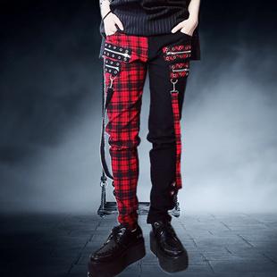 亚文化街头EMO朋克红格子鸳鸯铅笔裤 原 B@nned家暗黑哥特个性