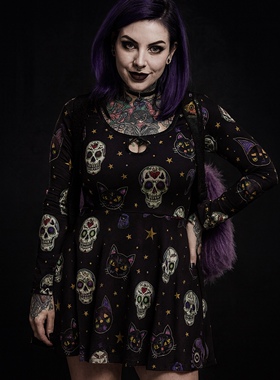 美国潮牌万圣节骷髅巫婆黑猫哥特摇滚朋克rockabilly长袖连衣裙