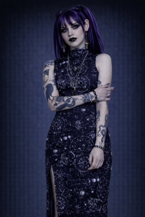 J@wbre@ker暗黑哥特星象黑猫五芒星透视高领开叉旗袍性感连衣裙