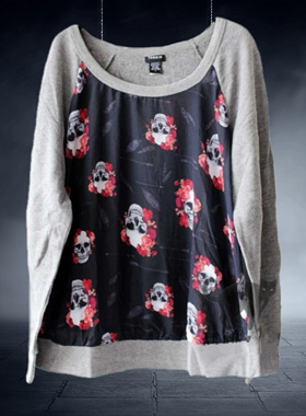 美国潮牌H*T TOPIC与T*rrid合作款骷髅透明纱灰色拼接毛圈棉卫衣