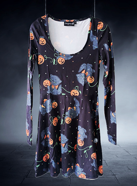美国潮牌S*urpuss复古摇滚rockabilly南瓜黑猫万圣节长袖连衣裙