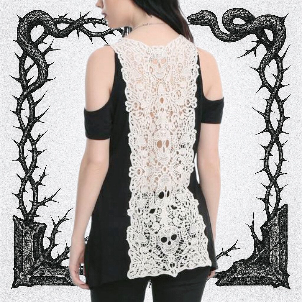 HT露肩性感修身骷髅编织T恤