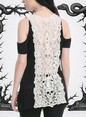 H*T TOPIC露肩性感修身骷髅编织蕾丝镂空摇滚朋克哥特街头T恤上衣