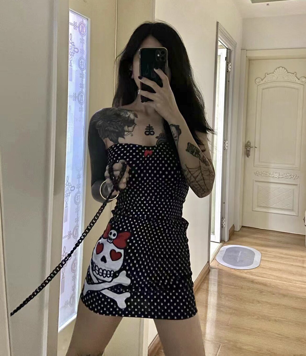 美单抹胸暗黑哥特辣妹亚文化蝴蝶结骷髅朋克摇滚街头土酷连衣裙