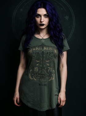 美单H@rd R0ck硬石摇滚街头莫代尔垂软街头短袖吉他显瘦灰绿色T恤