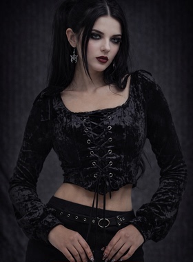 原H0t T0pic暗黑哥特亚文化维多利亚绑带丝绒短款方领复古长袖T恤