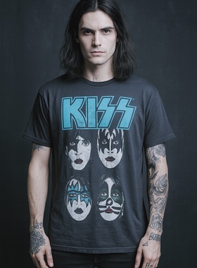 美单KISS乐队摇滚朋克暗黑高街头重金属圆领都市鬼脸灰色短袖T恤