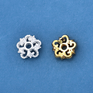 新款s925纯银镶钻镂空素银黄金色花托6mm8mm珠子垫片diy水晶手链