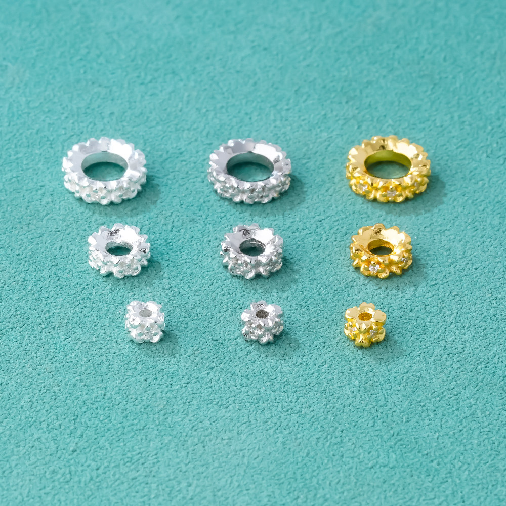S925纯银镀金镶钻小花朵垫片隔片DIY手工串珠手链手串车轮珠配件图片