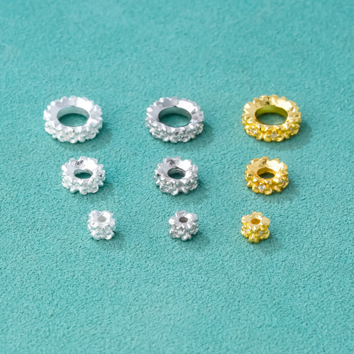 S925纯银镀金镶钻小花朵垫片隔片DIY手工串珠手链手串车轮珠配件