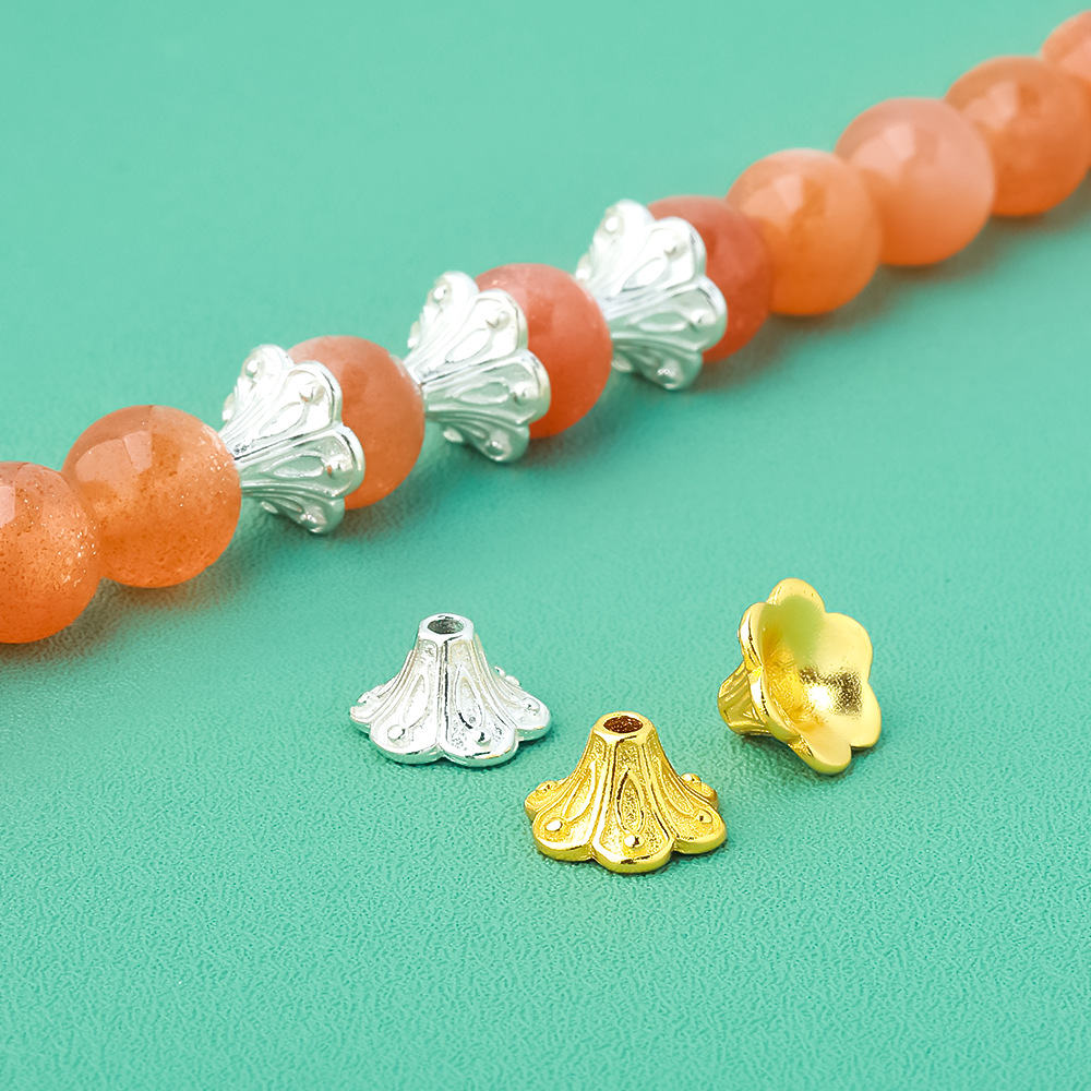 S925银喇叭花隔珠花托花帽DIY手工串珠水晶手链手串纯银配饰女