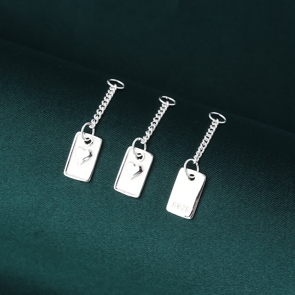 s925纯银素银韩版ins风爱心方牌尾链流苏配件diy手链项链银饰配件