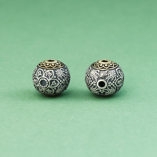 精工纯银嵌铜六字真言三通配件s925纯银diy文玩手串三通隔珠材料