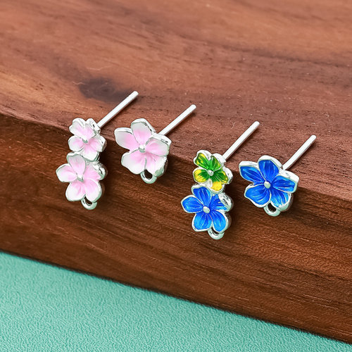 s999纯银耳钉女设计蓝色粉色小花