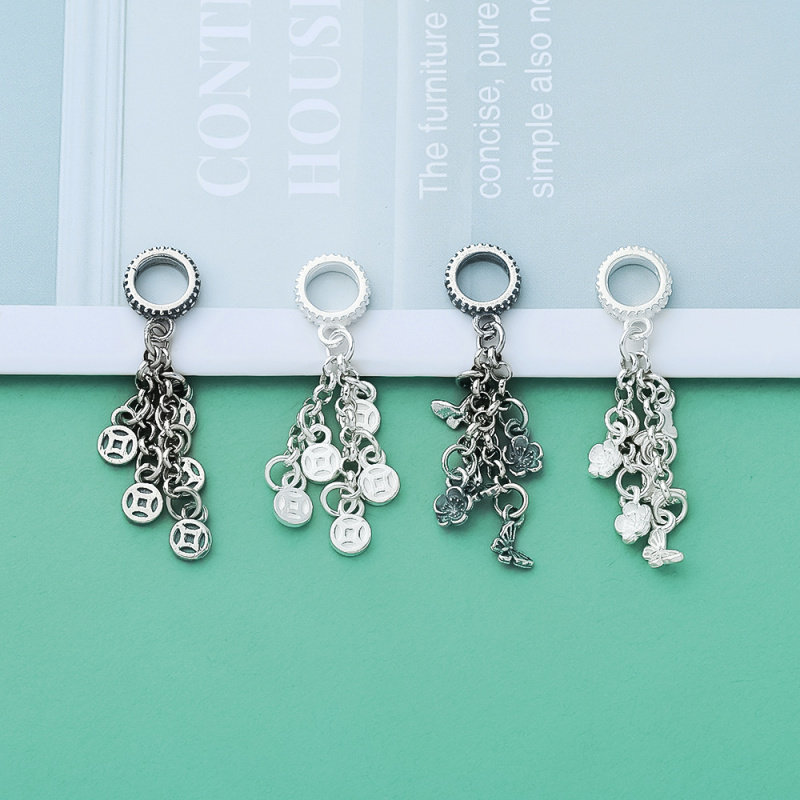 s925纯银复古做旧新中式国风招财进宝铜钱流苏蝴蝶挂件蝶恋花配件