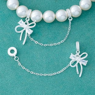 S925纯银镶钻锆石蝴蝶结带链隔珠DIY手工串珠水晶珍珠手链配件