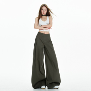 拖地长裤 狸舍 高腰宽松阔腿裤 女夏季 子 慵懒风设计感军绿色休闲裤