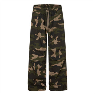 设计感松紧腰阔腿裤 欧美街潮运动宽松褶皱伞兵休闲裤 男式 迷彩长裤
