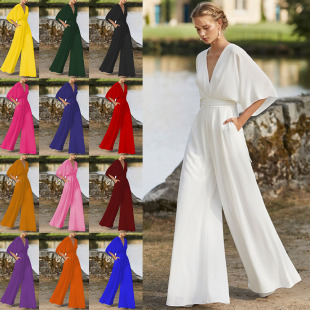 欧美外贸新款 深V高腰阔腿长裤 女装 亚马逊爆款 礼服连体裤 2026冬季