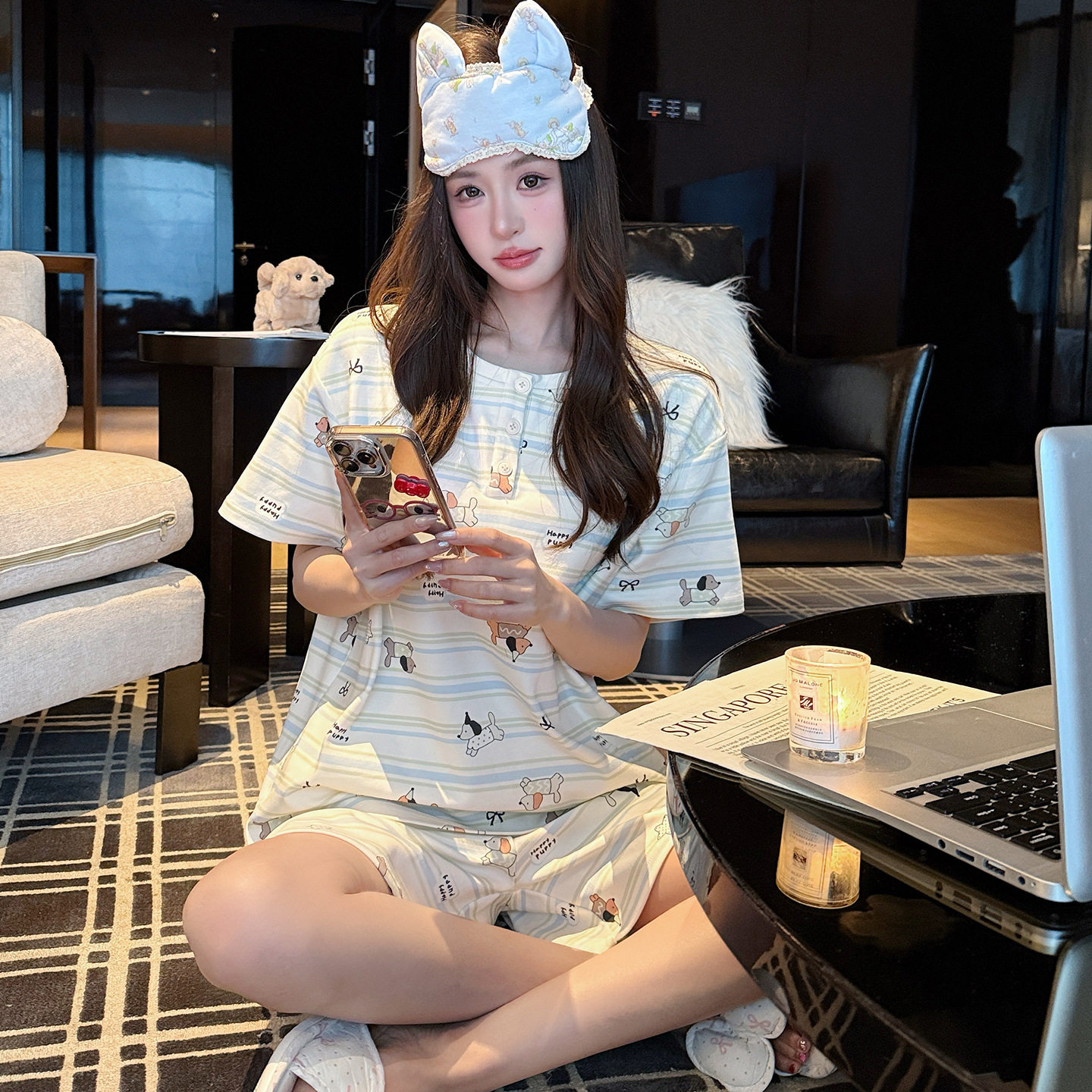 条纹睡衣女款夏纯棉带胸垫短袖加大码2026新款卡通网红风薄款套装