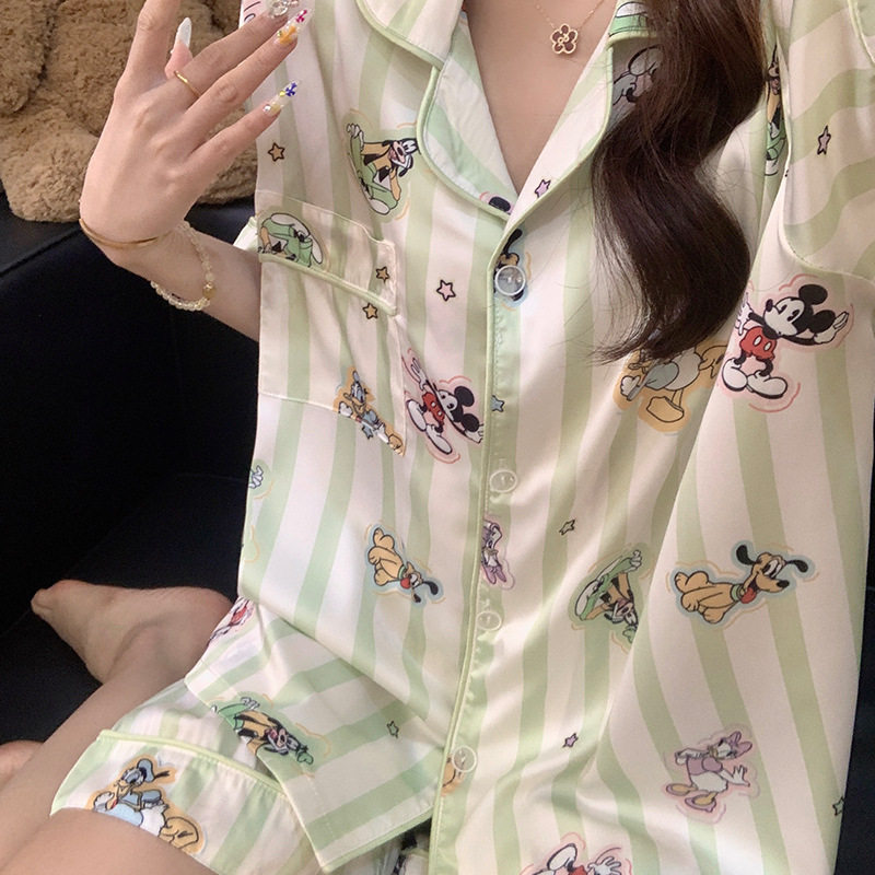 可外穿卡通冰雪丝睡衣女夏季套装