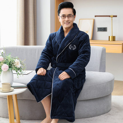 批发男士睡袍男款冬季珊瑚绒加厚加绒中老年浴袍纯色大码睡衣