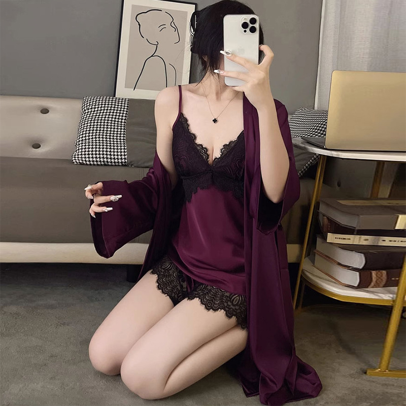 冰丝绸丝睡衣女夏季性感v领吊带短裤外袍三件套夏天带胸垫家居服