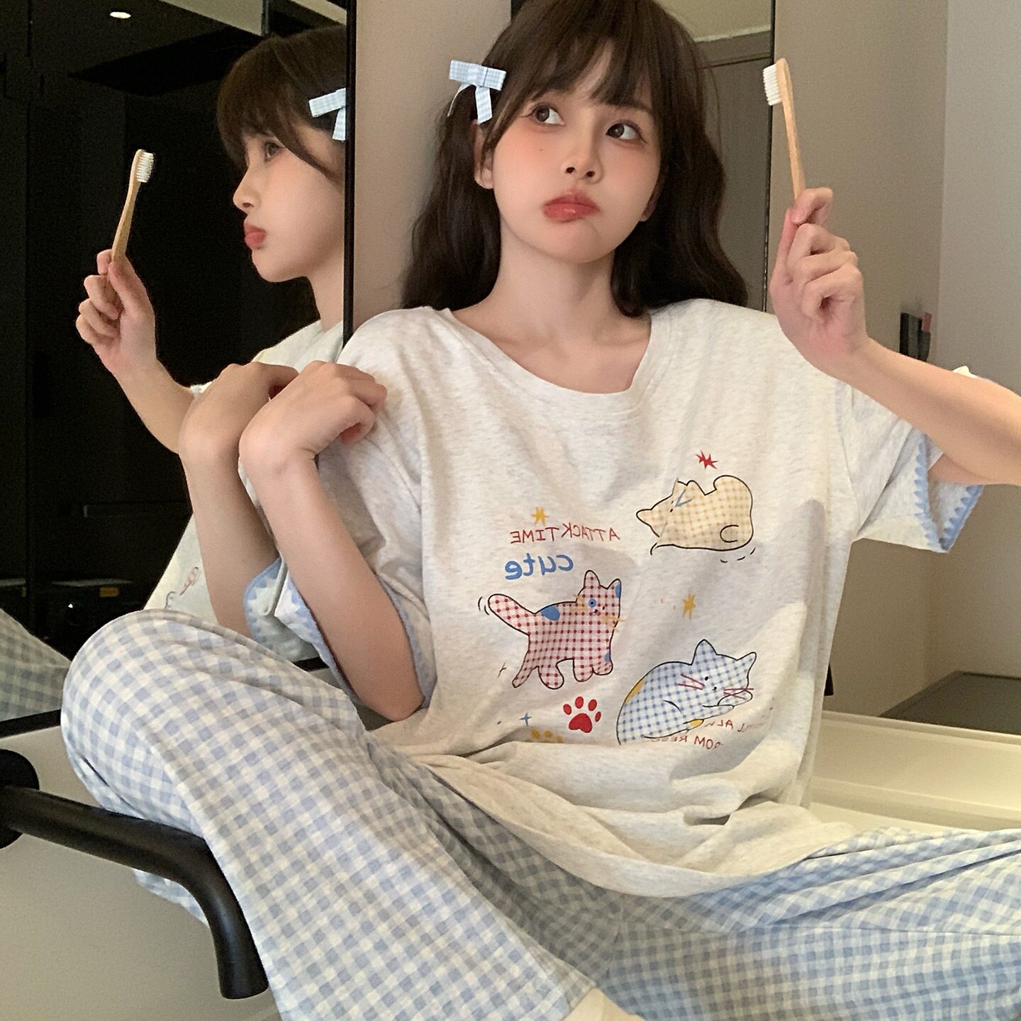 可爱小猫纯棉三件套睡衣女款带胸垫一体夏季遛弯可外穿家居服夏天