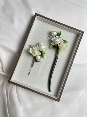 绒花胸针白色栀子花胸花发簪国风配饰旗袍配饰送生日礼物