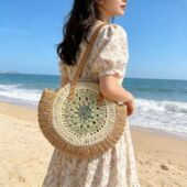 2026新款 圆盘草编单肩包海边沙滩度假通勤手提托特女包 大容量夏季