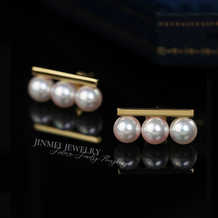 T家款式三珠平衡木耳钉日本akoya海水珍珠耳饰18k金链天然钻石