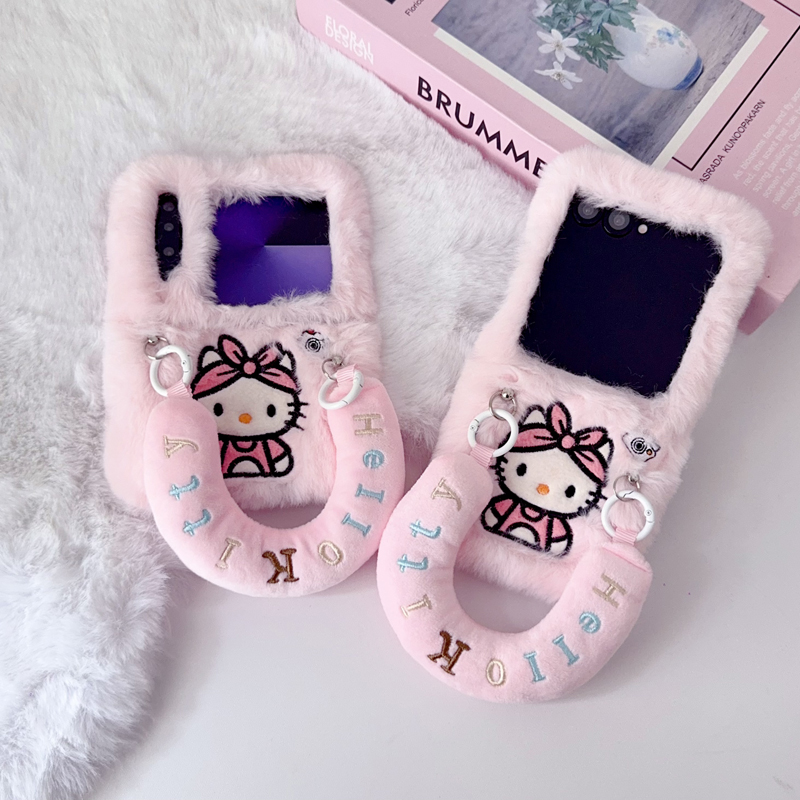 毛绒凯蒂猫适用华为purax手机壳新款pocket2/s折叠屏外壳小米mixflip2/1全包防摔保护套三星zfip7女荣耀vflip