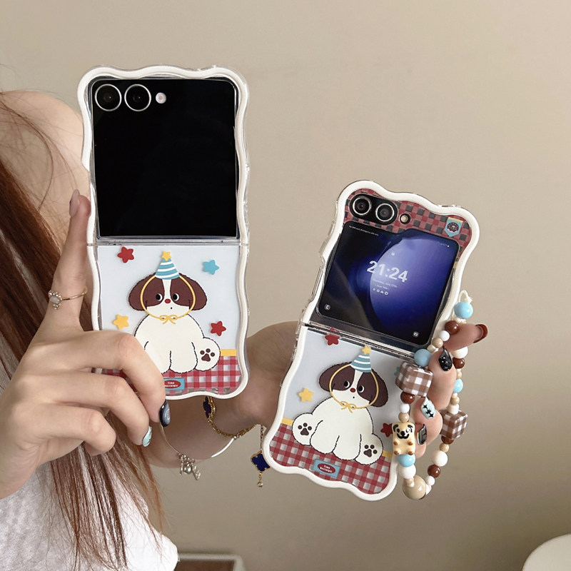 波浪纹格子小狗适用三星zflip7/6/5/4/3手机壳新款7FE高级感折叠外壳带挂绳w25/24/23flip超薄全包防摔保护套