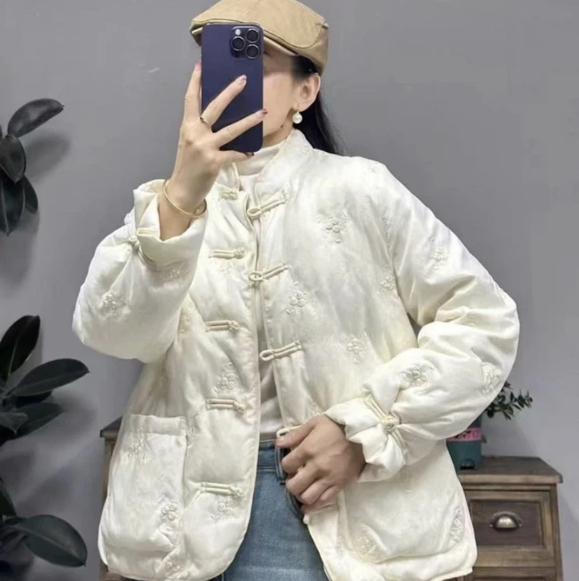 新中式国风蕾丝花苏绣羽绒棉服短款加厚五粒扣